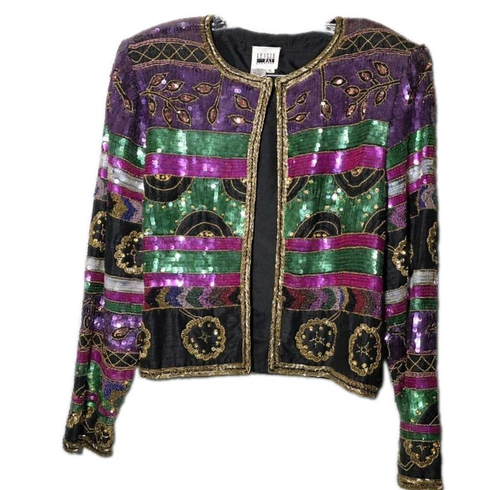 Vintage 1970's Leslie Fay Jacket Evenings Beads Sequins 100% Silk Lined Size XL
